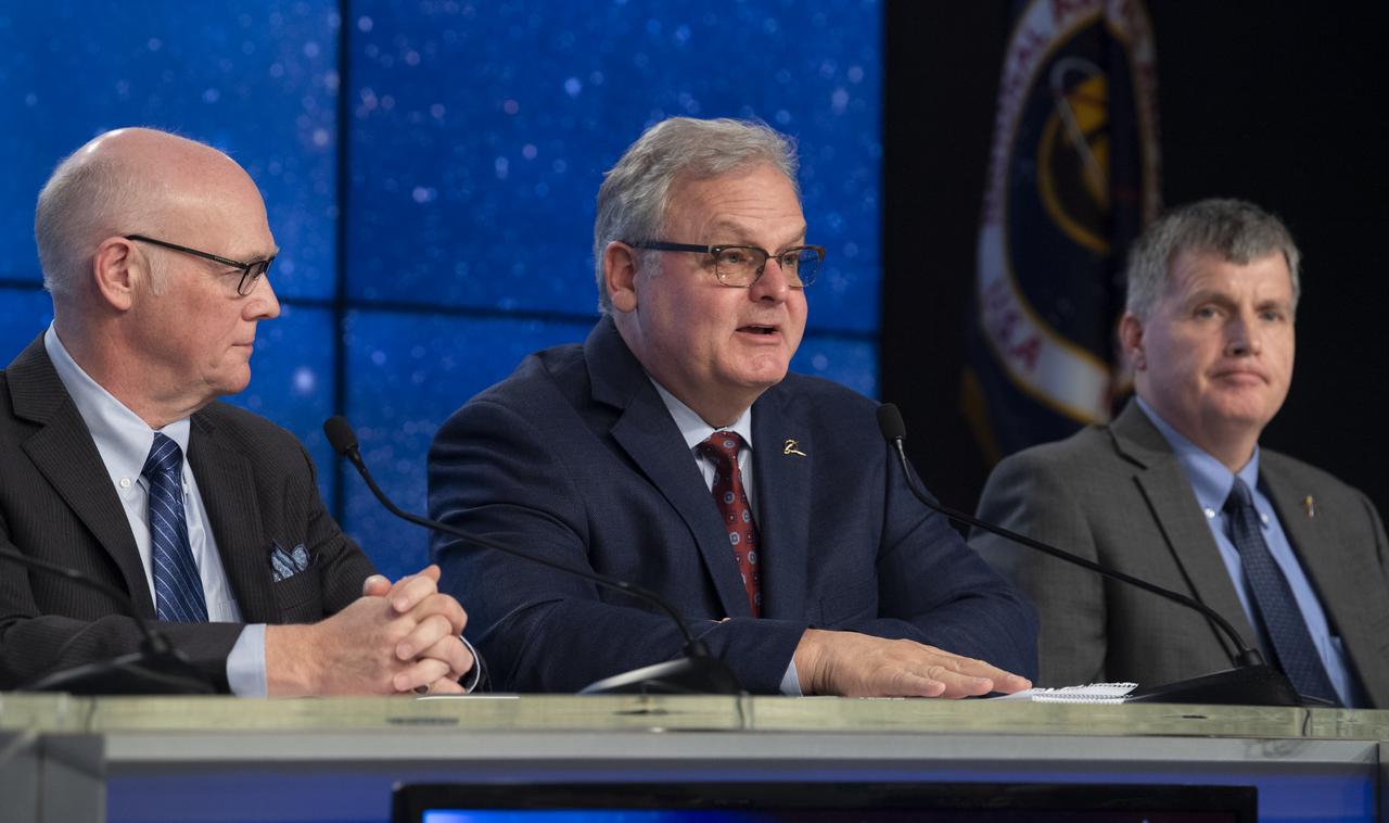 Jim Chilton, senior vice president for Boeing’s Space and Launch Division, center, is seen during a press conference at NASA's Kennedy Space Center following the launch of Boeing’s Starliner spacecraft onboard a United Launch Alliance Atlas V rocket, Friday, Dec. 20, 2019, at Cape Canaveral Air Force Station in Florida. After a successful launch at 6:36 a.m. EST, Boeing’s CST-100 Starliner is in an unplanned, but stable orbit. The team is assessing what test objectives can be achieved before the spacecraft’s return to land in White Sands, New Mexico. Photo Credit: (NASA/Joel Kowsky)
