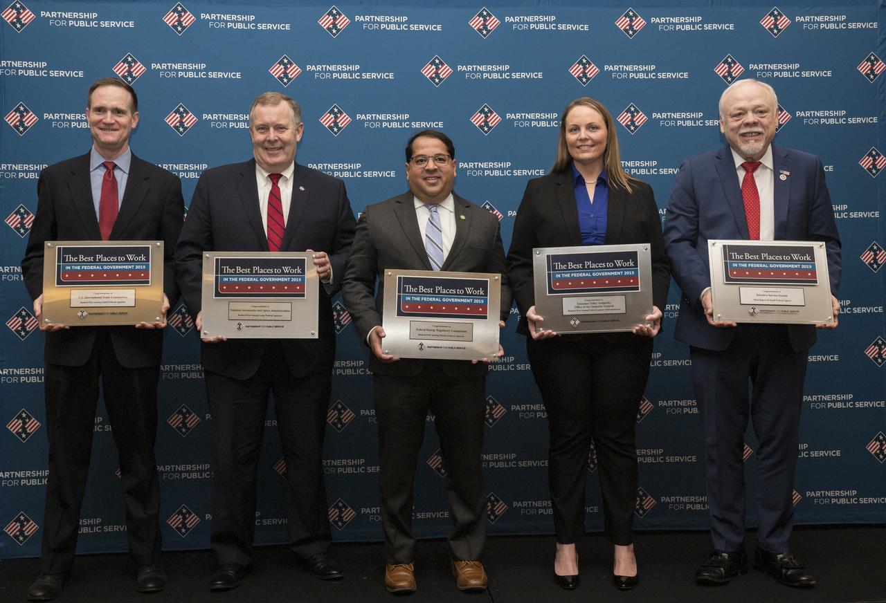 NASA Deputy Administrator Jim Morhard, second from left, poses for a photo with the other awardees, after accepting the Best Place to Work award for large federal government agencies for NASA, Friday, Jan. 10, 2020 at the Ronald Reagan Building in Washington. Photo Credit: (NASA/Aubrey Gemignani)