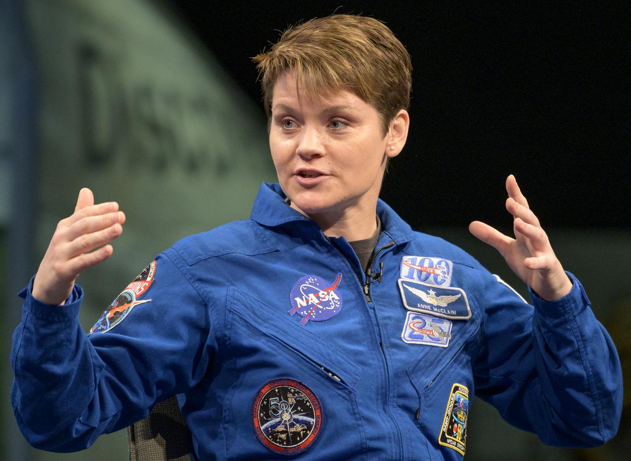 NASA astronaut Anne McClain talks about her experiences onboard the International Space Station, Tuesday, Jan. 14, 2020, at the Smithsonian National Air and Space Museum in Washington. McClain most recently spent 204 days living and working onboard the International Space Station as part of Expeditions 58 and 59. Photo Credit: (NASA/Bill Ingalls)