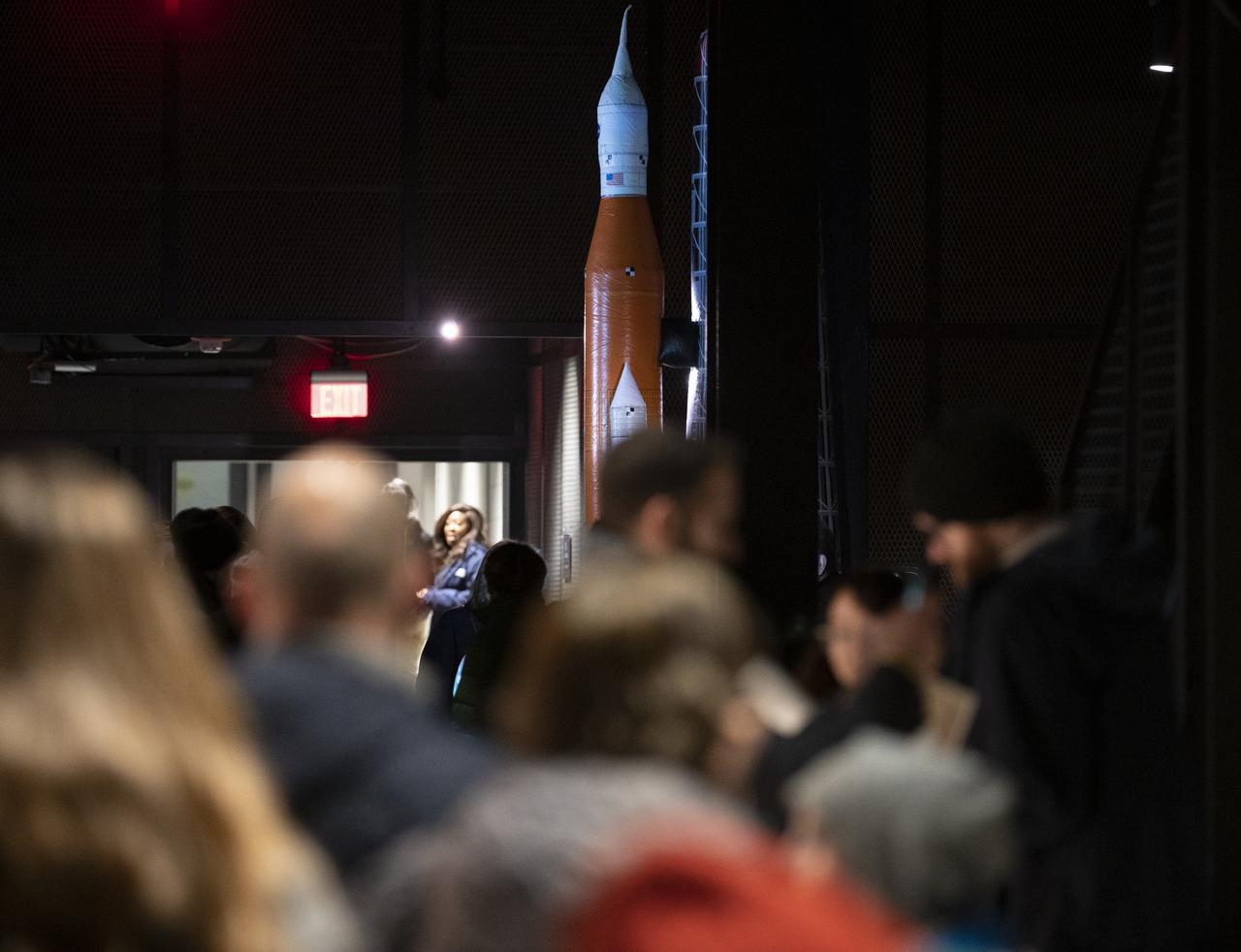 An inflatable model of NASA’s Space Launch System is seen prior to the National Symphony Orchestra’s performance of Gustav Holst’s “The Planets,” Wednesday, Jan. 22, 2020, at The Anthem in Washington, DC. Photo Credit: (NASA/Joel Kowsky)