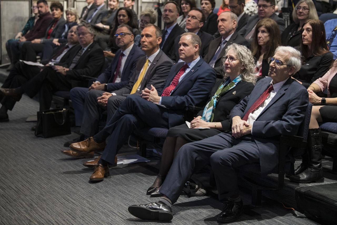 Front row, from left to right, EUMETSAT director-general, Alain Ratier; National Oceanic and Atmospheric Administration (NOAA) assistant administrator for Satellite and Information Services, Stephen Volz; ESA (European Space Agency) director of Earth Observation Programmes, Josef Aschbacher; NASA associate administrator for Science, Thomas Zurbuchen; NASA Administrator Jim Bridenstine; and Former director of NASA’s Earth Science Division, Mike Freilich and his wife are seen in the audience at a renaming ceremony for the international ocean science satellite previously known as Sentinel-6A/Jason-CS, Tuesday, January 28, 2020, at NASA Headquarters in Washington. NASA and its European partners renamed the satellite Sentinel-6 Michael Freilich after NASA’s former director of the Earth Science division, Dr. Michael Freilich. Sentinel-6A Michael Freilich will observe and record global sea level changes and will be joined by an identical satellite slated to launch in 2025 for a total of ten years of targeted observations.  Photo Credit: (NASA/Aubrey Gemignani)