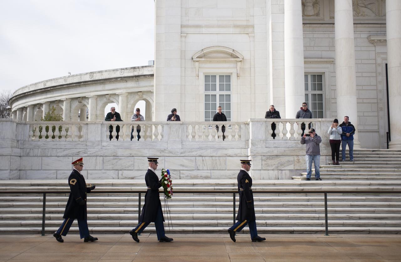 Members of The Old Guard prepare for a wreath laying ceremony at the Tomb of the Unknowns as part of NASA’s Day of Remembrance, Thursday, Jan. 30, 2020, at Arlington National Cemetery in Arlington, Va. The wreaths were laid in memory of those men and women who lost their lives in the quest for space exploration. Photo Credit: (NASA/Joel Kowsky)