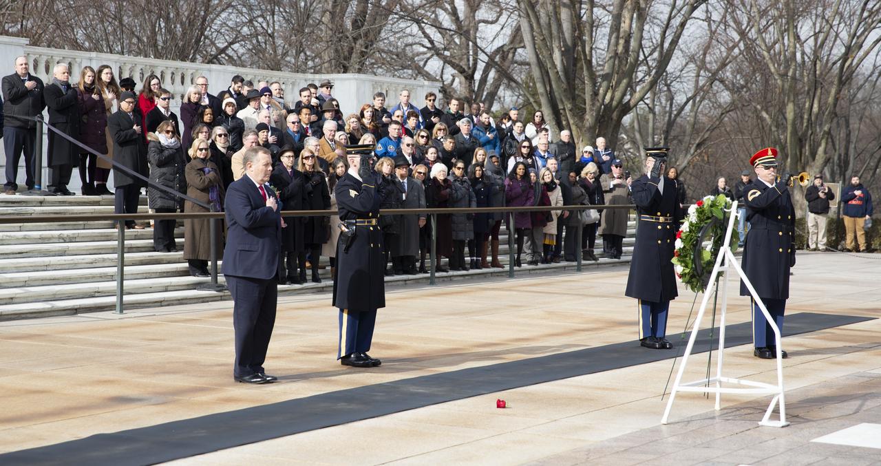 Taps is played by a member of The Old Guard after NASA Deputy Administrator Jim Morhard laid a wreath at the Tomb of the Unknowns as part of NASA’s Day of Remembrance, Thursday, Jan. 30, 2020, at Arlington National Cemetery in Arlington, Va. The wreaths were laid in memory of those men and women who lost their lives in the quest for space exploration. Photo Credit: (NASA/Joel Kowsky)