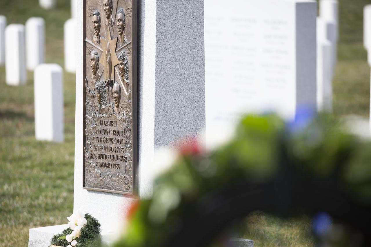 The Space Shuttle Challenger Memorial is seen prior to a wreath laying ceremony as part of NASA’s Day of Remembrance, Thursday, Jan. 30, 2020, at Arlington National Cemetery in Arlington, Va. The wreaths were laid in memory of those men and women who lost their lives in the quest for space exploration. Photo Credit: (NASA/Joel Kowsky)