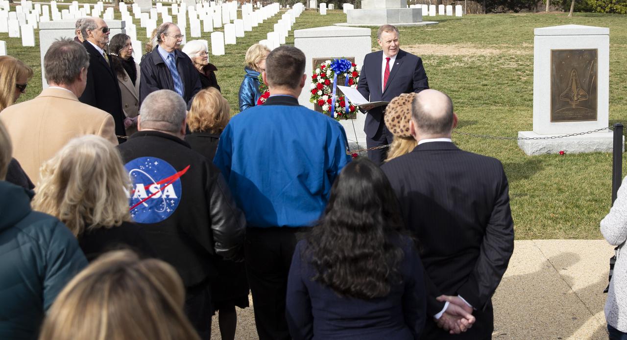 NASA Deputy Administrator Jim Morhard speaks during a wreath laying ceremony at the Space Shuttle Challenger and Space Shuttle Columbia Memorials as part of NASA’s Day of Remembrance, Thursday, Jan. 30, 2020, at Arlington National Cemetery in Arlington, Va. The wreaths were laid in memory of those men and women who lost their lives in the quest for space exploration. Photo Credit: (NASA/Joel Kowsky)