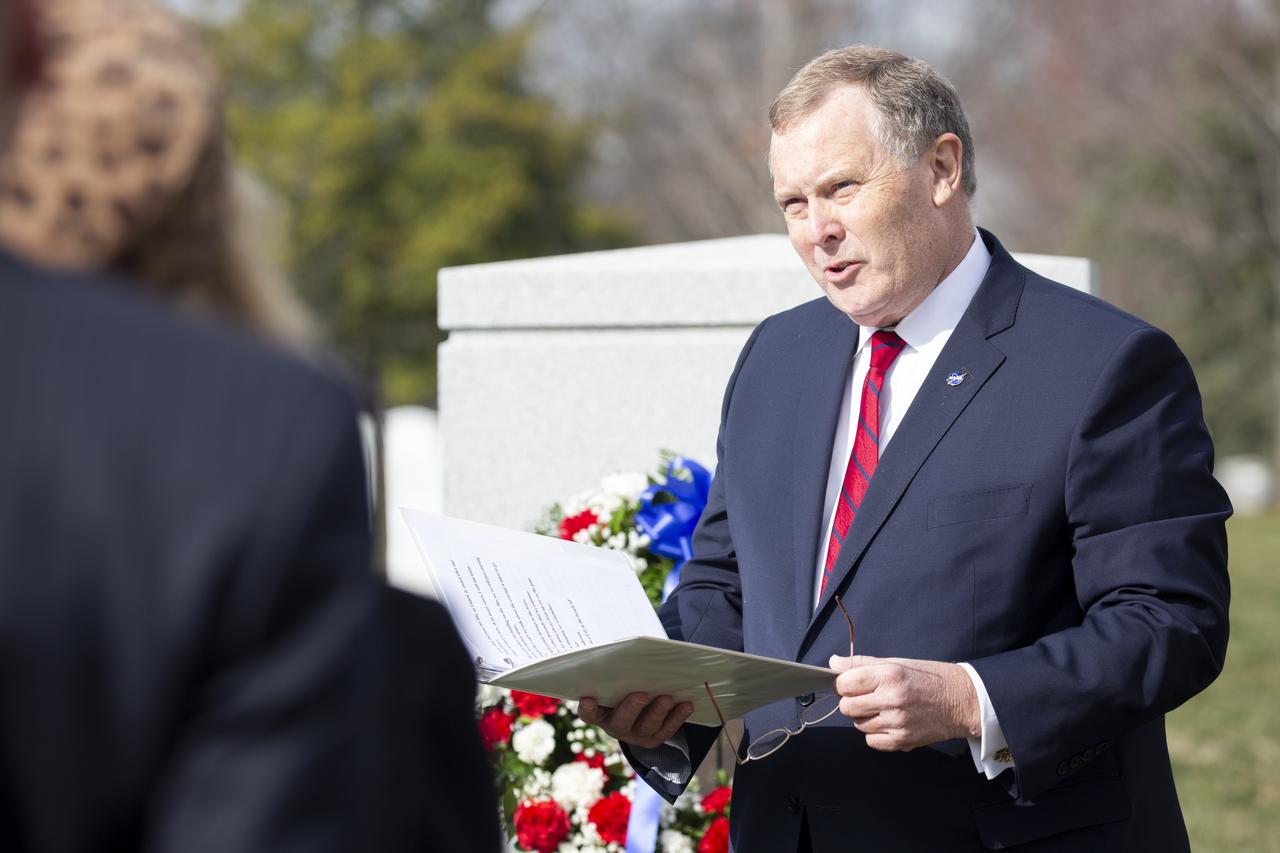NASA Deputy Administrator Jim Morhard speaks during a wreath laying ceremony at the Space Shuttle Challenger and Space Shuttle Columbia Memorials as part of NASA’s Day of Remembrance, Thursday, Jan. 30, 2020, at Arlington National Cemetery in Arlington, Va. The wreaths were laid in memory of those men and women who lost their lives in the quest for space exploration. Photo Credit: (NASA/Joel Kowsky)
