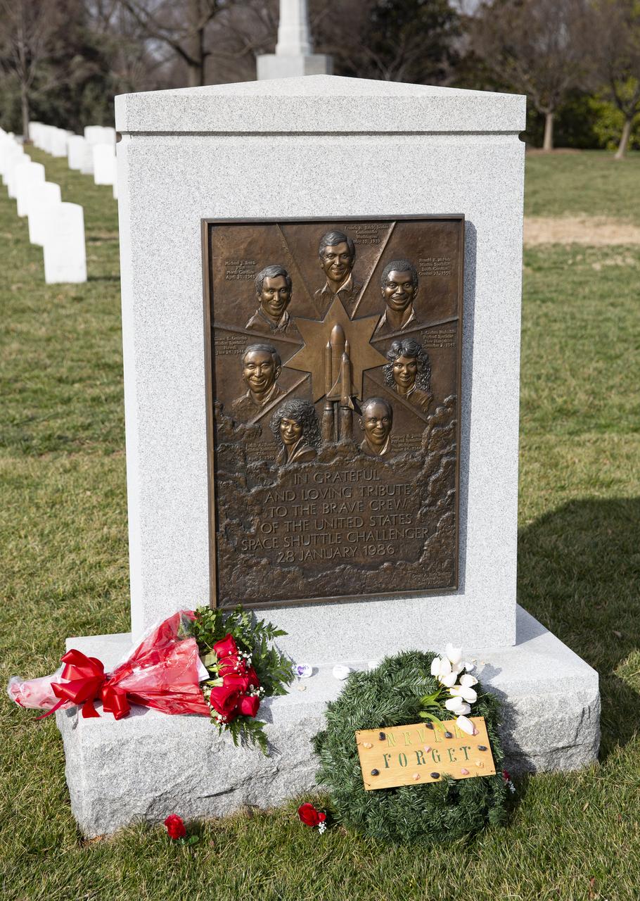 The Space Shuttle Challenger Memorial is seen after a wreath laying ceremony as part of NASA’s Day of Remembrance, Thursday, Jan. 30, 2020, at Arlington National Cemetery in Arlington, Va. The wreaths were laid in memory of those men and women who lost their lives in the quest for space exploration. Photo Credit: (NASA/Joel Kowsky)
