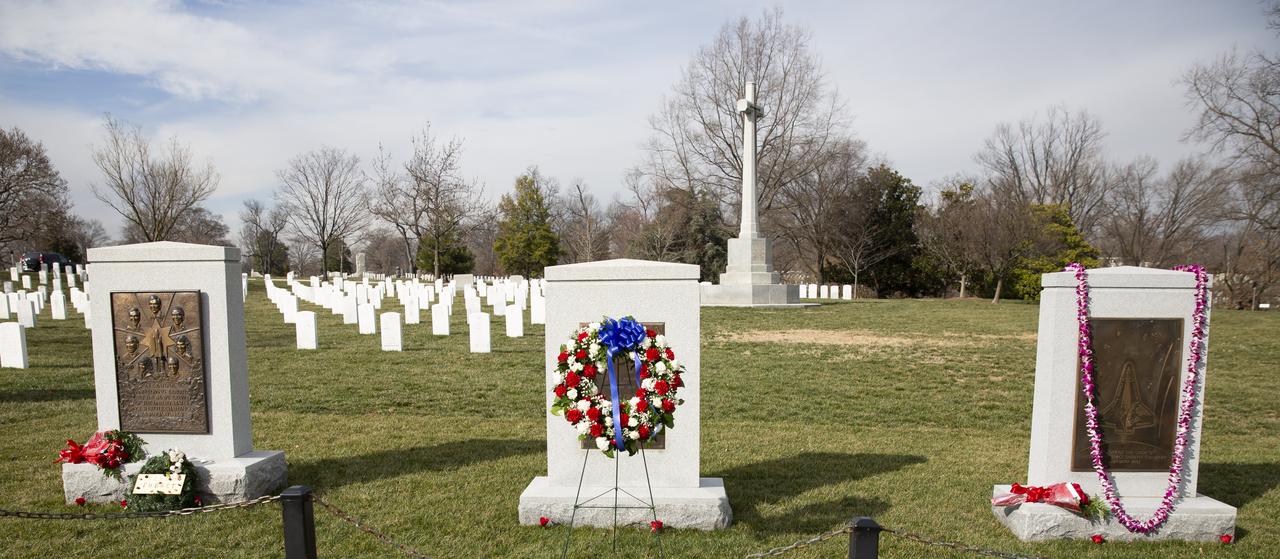 The Space Shuttle Challenger Memorial, left, and Space Shuttle Columbia Memorial, right, are seen after a wreath laying ceremony as part of NASA’s Day of Remembrance, Thursday, Jan. 30, 2020, at Arlington National Cemetery in Arlington, Va. The wreaths were laid in memory of those men and women who lost their lives in the quest for space exploration. Photo Credit: (NASA/Joel Kowsky)