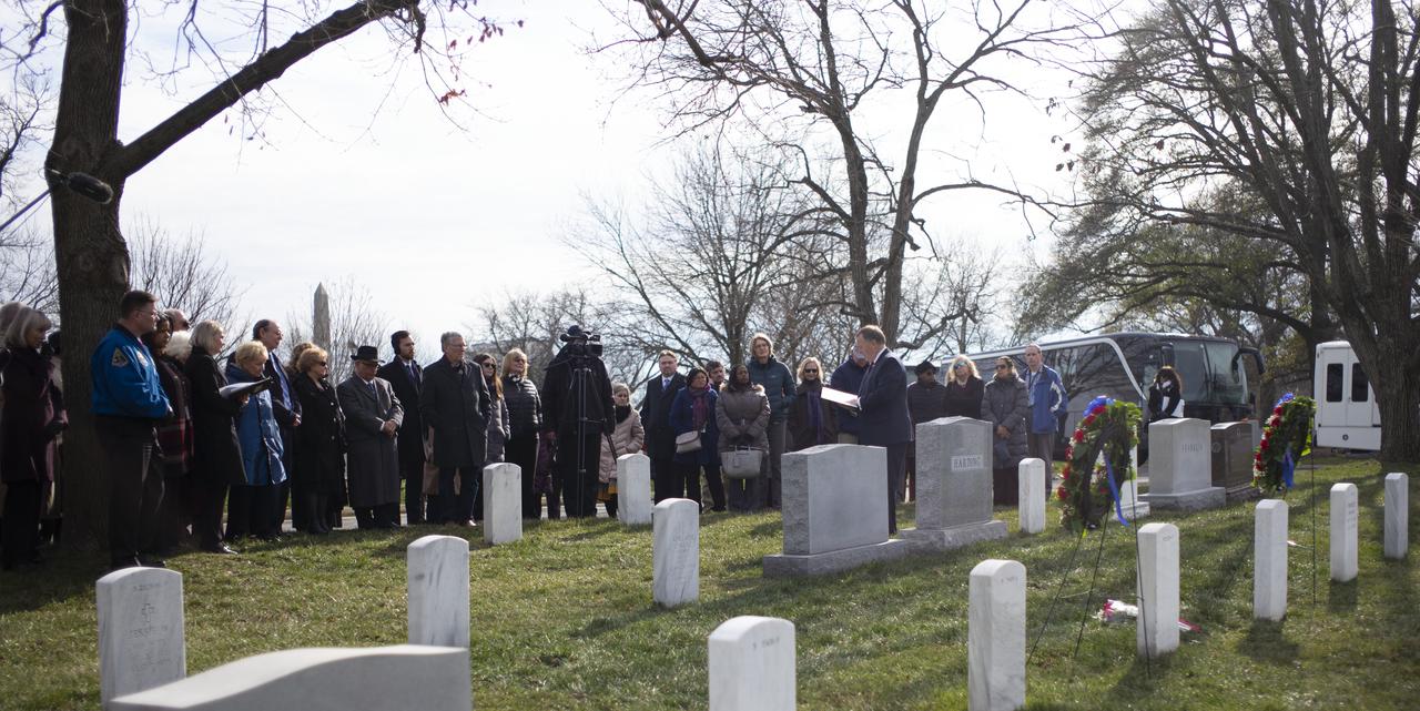 NASA Deputy Administrator Jim Morhard speaks after a wreath laying ceremony at the graves of Apollo 1 astronauts Virgil “Gus” Grissom and Roger Chaffee as part of NASA’s Day of Remembrance, Thursday, Jan. 30, 2020, at Arlington National Cemetery in Arlington, Va. The wreaths were laid in memory of those men and women who lost their lives in the quest for space exploration. Photo Credit: (NASA/Joel Kowsky)