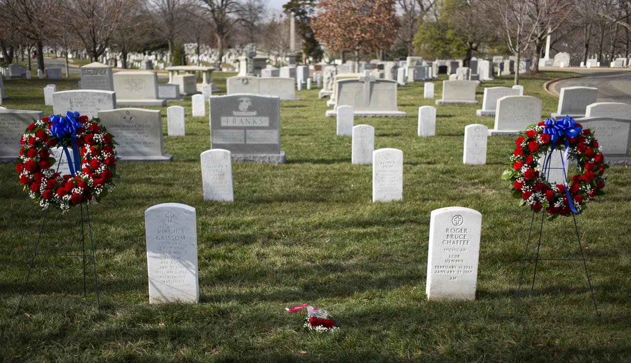 The grave markers of Apollo 1 astronauts Virgil “Gus” Grissom and Roger Chaffee are seen after a wreath laying ceremony that was part of NASA’s Day of Remembrance, Thursday, Jan. 30, 2020, at Arlington National Cemetery in Arlington, Va. The wreaths were laid in memory of those men and women who lost their lives in the quest for space exploration. Photo Credit: (NASA/Joel Kowsky)