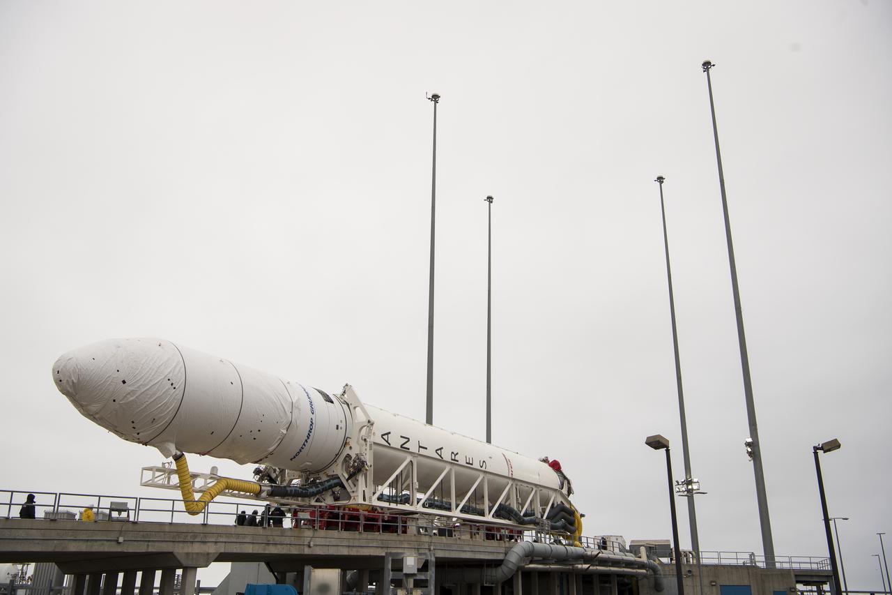 A Northrop Grumman Antares rocket arrives at launch Pad-0A, Wednesday, Feb. 5, 2020, at NASA's Wallops Flight Facility in Virginia. Northrop Grumman’s 13th contracted cargo resupply mission with NASA to the International Space Station will deliver more than 7,500 pounds of science and research, crew supplies and vehicle hardware to the orbital laboratory and its crew. The CRS-13 Cygnus spacecraft is named after the first African American astronaut, Major Robert Henry Lawrence Jr., and is scheduled to launch at 5:39pm EST Sunday, Feb. 9. Photo Credit: (NASA/Aubrey Gemignani)