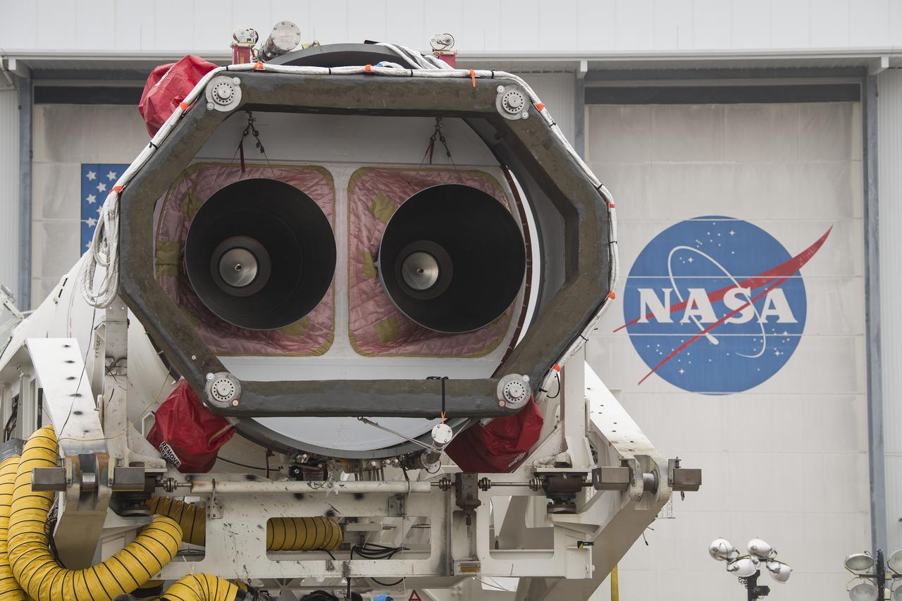 A Northrop Grumman Antares rocket is seen as it is rolled out of the Horizontal Integration Facility to launch Pad-0A, Wednesday, Feb. 5, 2020, at NASA's Wallops Flight Facility in Virginia. Northrop Grumman’s 13th contracted cargo resupply mission with NASA to the International Space Station will deliver more than 7,500 pounds of science and research, crew supplies and vehicle hardware to the orbital laboratory and its crew. The CRS-13 Cygnus spacecraft is named after the first African American astronaut, Major Robert Henry Lawrence Jr., and is scheduled to launch at 5:39pm EST Sunday, Feb. 9. Photo Credit: (NASA/Aubrey Gemignani)