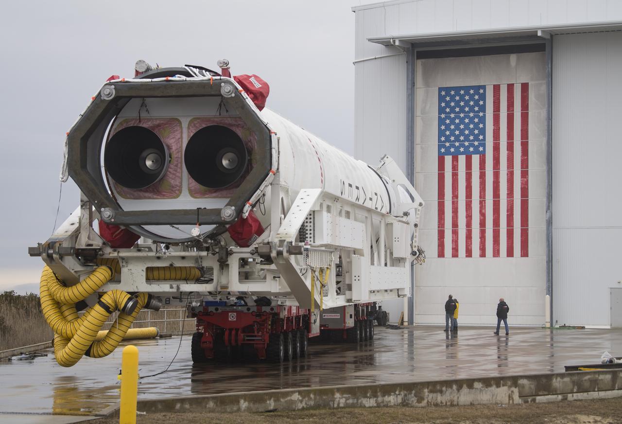 A Northrop Grumman Antares rocket is rolled out to Pad-0A, Wednesday, Feb. 5, 2020, at NASA's Wallops Flight Facility in Virginia. Northrop Grumman’s 13th contracted cargo resupply mission with NASA to the International Space Station will deliver more than 7,500 pounds of science and research, crew supplies and vehicle hardware to the orbital laboratory and its crew. The CRS-13 Cygnus spacecraft is named after the first African American astronaut, Major Robert Henry Lawrence Jr. and is scheduled to launch at 5:39pm EST Sunday, Feb. 9. Photo Credit: (NASA/Aubrey Gemignani)