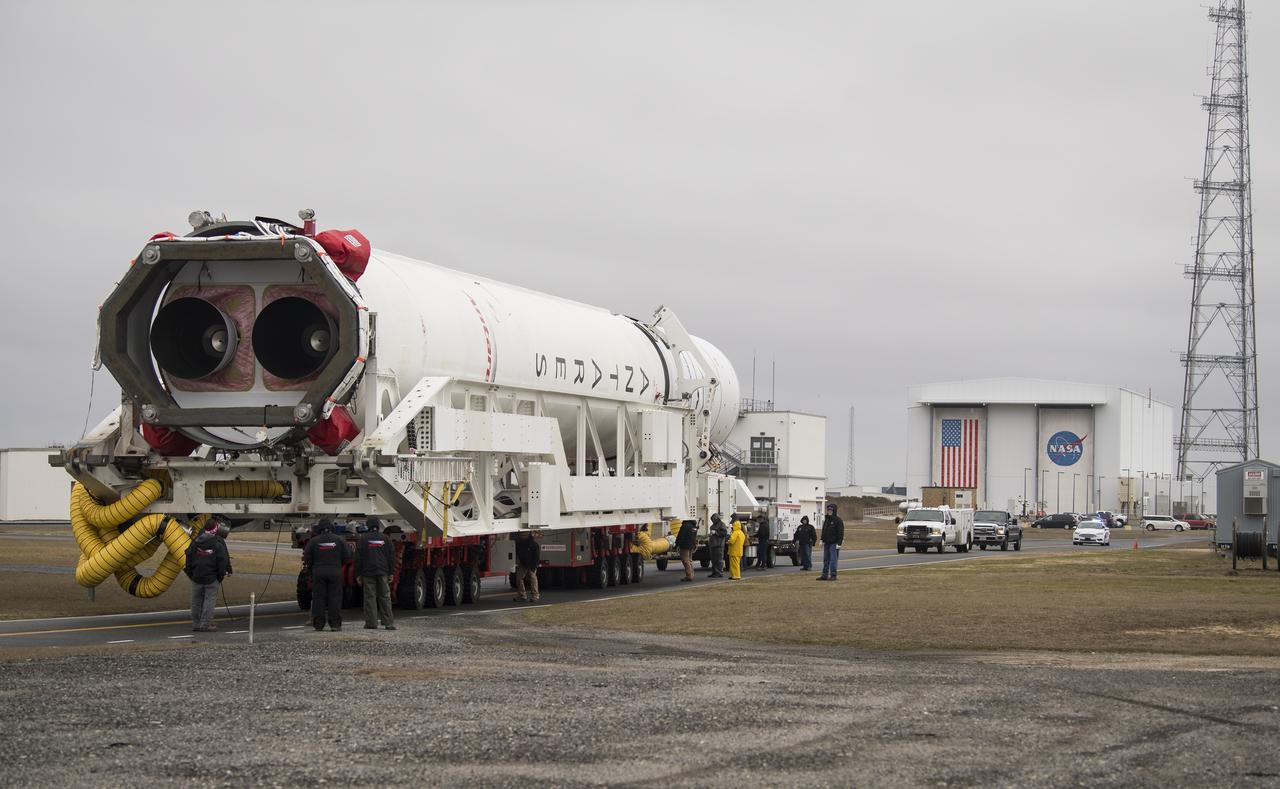 A Northrop Grumman Antares rocket is rolled out to Pad-0A, Wednesday, Feb. 5, 2020, at NASA's Wallops Flight Facility in Virginia. Northrop Grumman’s 13th contracted cargo resupply mission with NASA to the International Space Station will deliver more than 7,500 pounds of science and research, crew supplies and vehicle hardware to the orbital laboratory and its crew. The CRS-13 Cygnus spacecraft is named after the first African American astronaut, Major Robert Henry Lawrence Jr. and is scheduled to launch at 5:39pm EST Sunday, Feb. 9. Photo Credit: (NASA/Aubrey Gemignani)