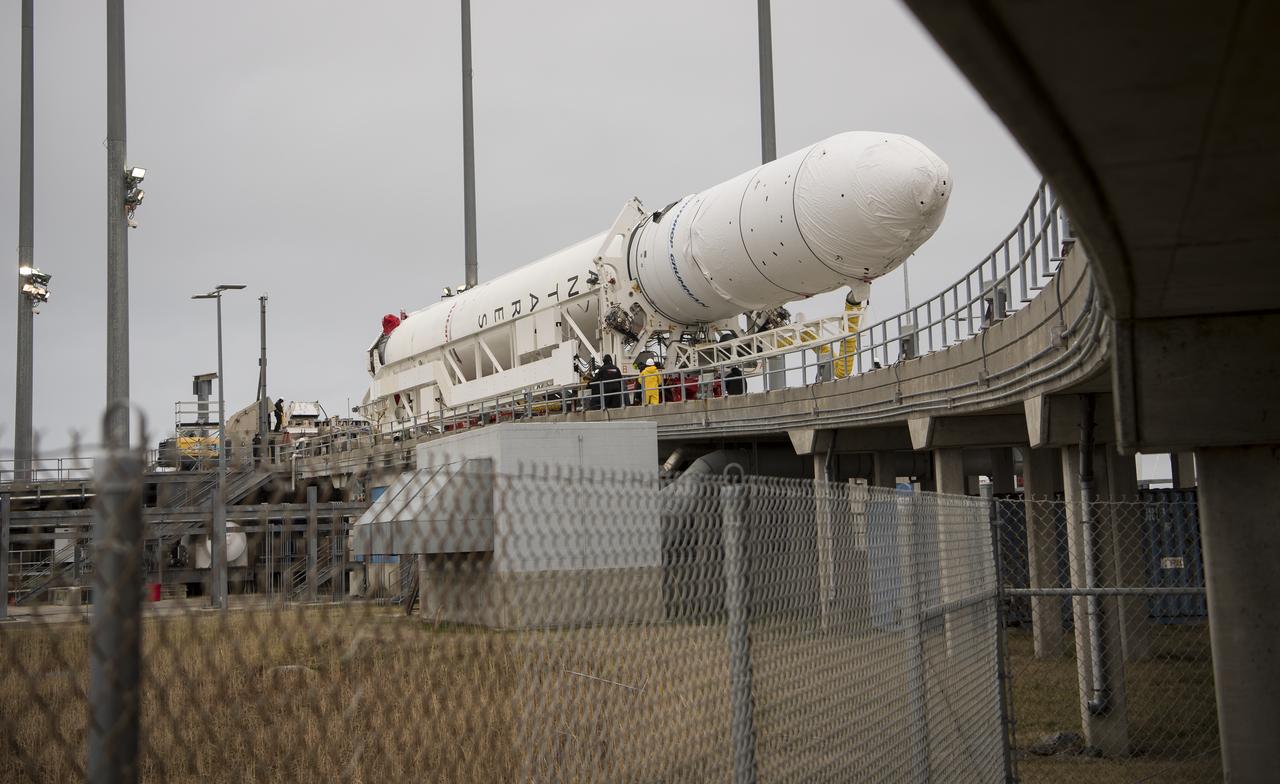 A Northrop Grumman Antares rocket arrives at launch Pad-0A, Wednesday, Feb. 5, 2020, at NASA's Wallops Flight Facility in Virginia. Northrop Grumman’s 13th contracted cargo resupply mission with NASA to the International Space Station will deliver more than 7,500 pounds of science and research, crew supplies and vehicle hardware to the orbital laboratory and its crew. The CRS-13 Cygnus spacecraft is named after the first African American astronaut, Major Robert Henry Lawrence Jr., and is scheduled to launch at 5:39pm EST Sunday, Feb. 9. Photo Credit: (NASA/Aubrey Gemignani)