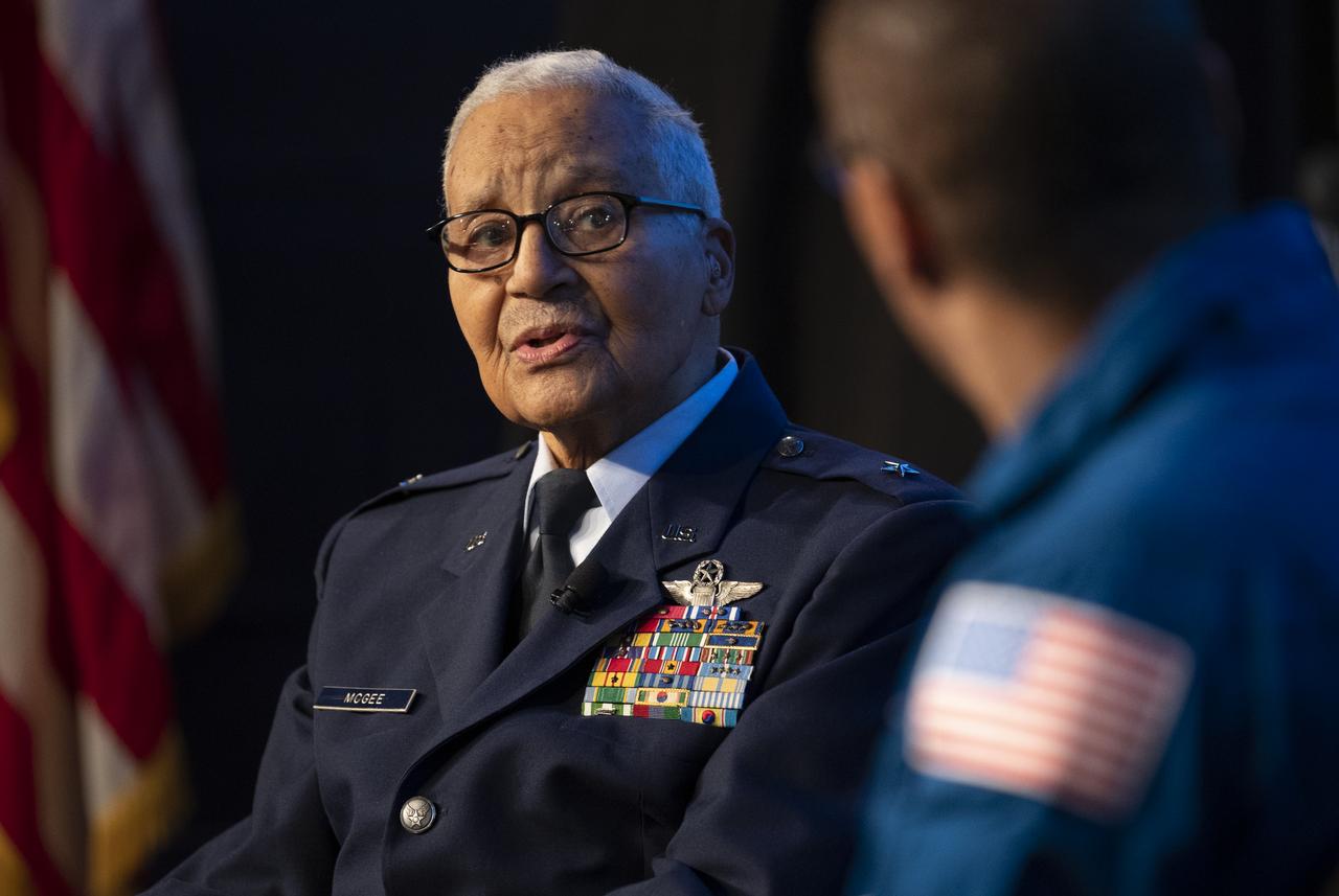 Retired U.S. Air Force Honorary Brigadier General Charles McGee speaks with NASA astronaut Alvin Drew during a Black History Month program titled “Trailblazers, The Story of a Tuskegee Airman,” Wednesday, Feb. 5, 2020, at NASA Headquarters in Washington, DC. McGee, a pilot with the Tuskegee Airmen during World War II, was a career officer in the Air Force also serving during the Korean and Vietnam Wars. Over his 30 years of service he flew 409 combat missions. Of the 355 Tuskegee pilots who flew in combat, McGee is one of only nine surviving. Photo Credit: (NASA/Joel Kowsky)