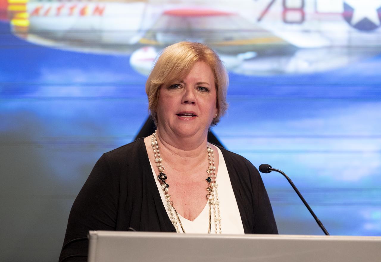 NASA Deputy Associate Administrator Melanie Saunders speaks before a discussion between retired U.S. Air Force Honorary Brigadier General Charles McGee and NASA astronaut Alvin Drew during a Black History Month program titled “Trailblazers, The Story of a Tuskegee Airman,” Wednesday, Feb. 5, 2020, at NASA Headquarters in Washington, DC. McGee, a pilot with the Tuskegee Airmen during World War II, was a career officer in the Air Force also serving during the Korean and Vietnam Wars. Over his 30 years of service he flew 409 combat missions. Of the 355 Tuskegee pilots who flew in combat, McGee is one of only nine surviving. Photo Credit: (NASA/Joel Kowsky)
