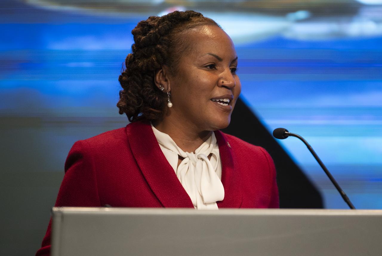 Monica Manning, Assistant Administrator for Procurement at NASA, introduces Retired U.S. Air Force Honorary Brigadier General Charles McGee and NASA astronaut Alvin Drew during a Black History Month program titled “Trailblazers, The Story of a Tuskegee Airman,” Wednesday, Feb. 5, 2020, at NASA Headquarters in Washington, DC. McGee, a pilot with the Tuskegee Airmen during World War II, was a career officer in the Air Force also serving during the Korean and Vietnam Wars. Over his 30 years of service he flew 409 combat missions. Of the 355 Tuskegee pilots who flew in combat, McGee is one of only nine surviving. Photo Credit: (NASA/Joel Kowsky)