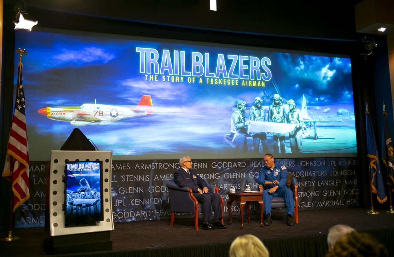 Retired U.S. Air Force Honorary Brigadier General Charles McGee, left, speaks with NASA astronaut Alvin Drew during a Black History Month program titled “Trailblazers, The Story of a Tuskegee Airman,” Wednesday, Feb. 5, 2020, at NASA Headquarters in Washington, DC. McGee, a pilot with the Tuskegee Airmen during World War II, was a career officer in the Air Force also serving during the Korean and Vietnam Wars. Over his 30 years of service he flew 409 combat missions. Of the 355 Tuskegee pilots who flew in combat, McGee is one of only nine surviving. Photo Credit: (NASA/Joel Kowsky)