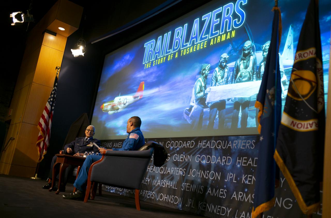 Retired U.S. Air Force Honorary Brigadier General Charles McGee, left, speaks with NASA astronaut Alvin Drew during a Black History Month program titled “Trailblazers, The Story of a Tuskegee Airman,” Wednesday, Feb. 5, 2020, at NASA Headquarters in Washington, DC. McGee, a pilot with the Tuskegee Airmen during World War II, was a career officer in the Air Force also serving during the Korean and Vietnam Wars. Over his 30 years of service he flew 409 combat missions. Of the 355 Tuskegee pilots who flew in combat, McGee is one of only nine surviving. Photo Credit: (NASA/Joel Kowsky)