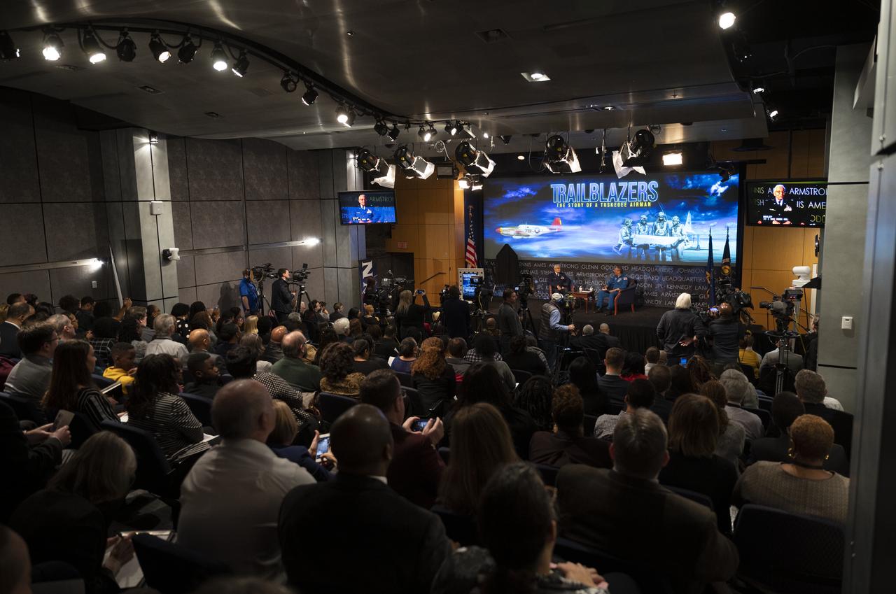 Retired U.S. Air Force Honorary Brigadier General Charles McGee, left, speaks with NASA astronaut Alvin Drew during a Black History Month program titled “Trailblazers, The Story of a Tuskegee Airman,” Wednesday, Feb. 5, 2020, at NASA Headquarters in Washington, DC. McGee, a pilot with the Tuskegee Airmen during World War II, was a career officer in the Air Force also serving during the Korean and Vietnam Wars. Over his 30 years of service he flew 409 combat missions. Of the 355 Tuskegee pilots who flew in combat, McGee is one of only nine surviving. Photo Credit: (NASA/Joel Kowsky)