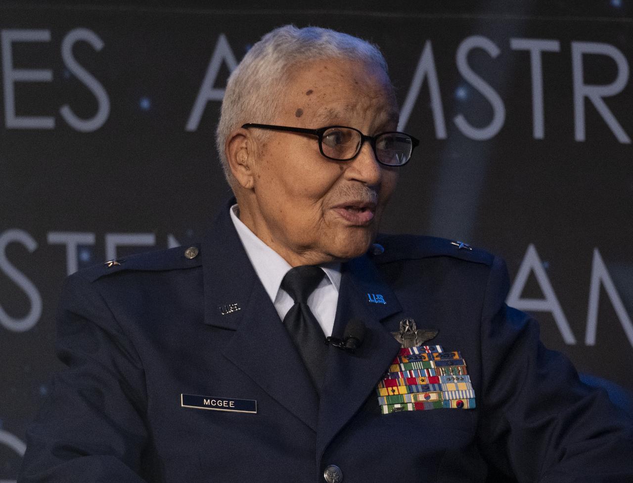 Retired U.S. Air Force Honorary Brigadier General Charles McGee is seen as he speaks with NASA astronaut Alvin Drew during a Black History Month program titled “Trailblazers, The Story of a Tuskegee Airman,” Wednesday, Feb. 5, 2020, at NASA Headquarters in Washington, DC. McGee, a pilot with the Tuskegee Airmen during World War II, was a career officer in the Air Force also serving during the Korean and Vietnam Wars. Over his 30 years of service he flew 409 combat missions. Of the 355 Tuskegee pilots who flew in combat, McGee is one of only nine surviving. Photo Credit: (NASA/Joel Kowsky)