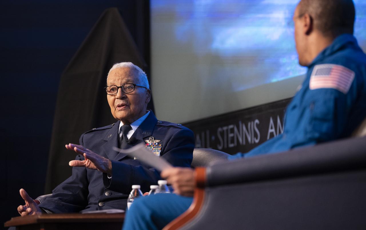 Retired U.S. Air Force Honorary Brigadier General Charles McGee speaks with NASA astronaut Alvin Drew during a Black History Month program titled “Trailblazers, The Story of a Tuskegee Airman,” Wednesday, Feb. 5, 2020, at NASA Headquarters in Washington, DC. McGee, a pilot with the Tuskegee Airmen during World War II, was a career officer in the Air Force also serving during the Korean and Vietnam Wars. Over his 30 years of service he flew 409 combat missions. Of the 355 Tuskegee pilots who flew in combat, McGee is one of only nine surviving. Photo Credit: (NASA/Joel Kowsky)