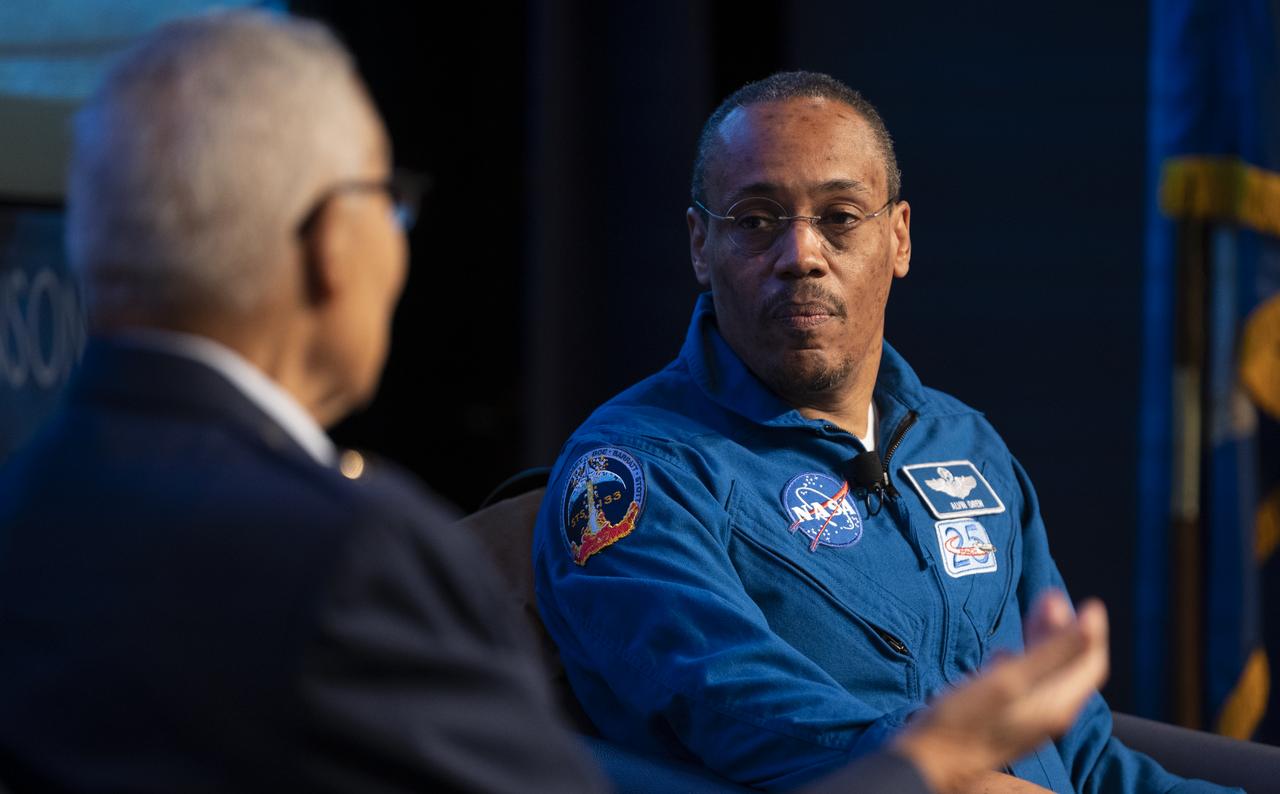 NASA astronaut Alvin Drew speaks with retired U.S. Air Force Honorary Brigadier General Charles McGee during a Black History Month program titled “Trailblazers, The Story of a Tuskegee Airman,” Wednesday, Feb. 5, 2020, at NASA Headquarters in Washington, DC. McGee, a pilot with the Tuskegee Airmen during World War II, was a career officer in the Air Force also serving during the Korean and Vietnam Wars. Over his 30 years of service he flew 409 combat missions. Of the 355 Tuskegee pilots who flew in combat, McGee is one of only nine surviving. Photo Credit: (NASA/Joel Kowsky)