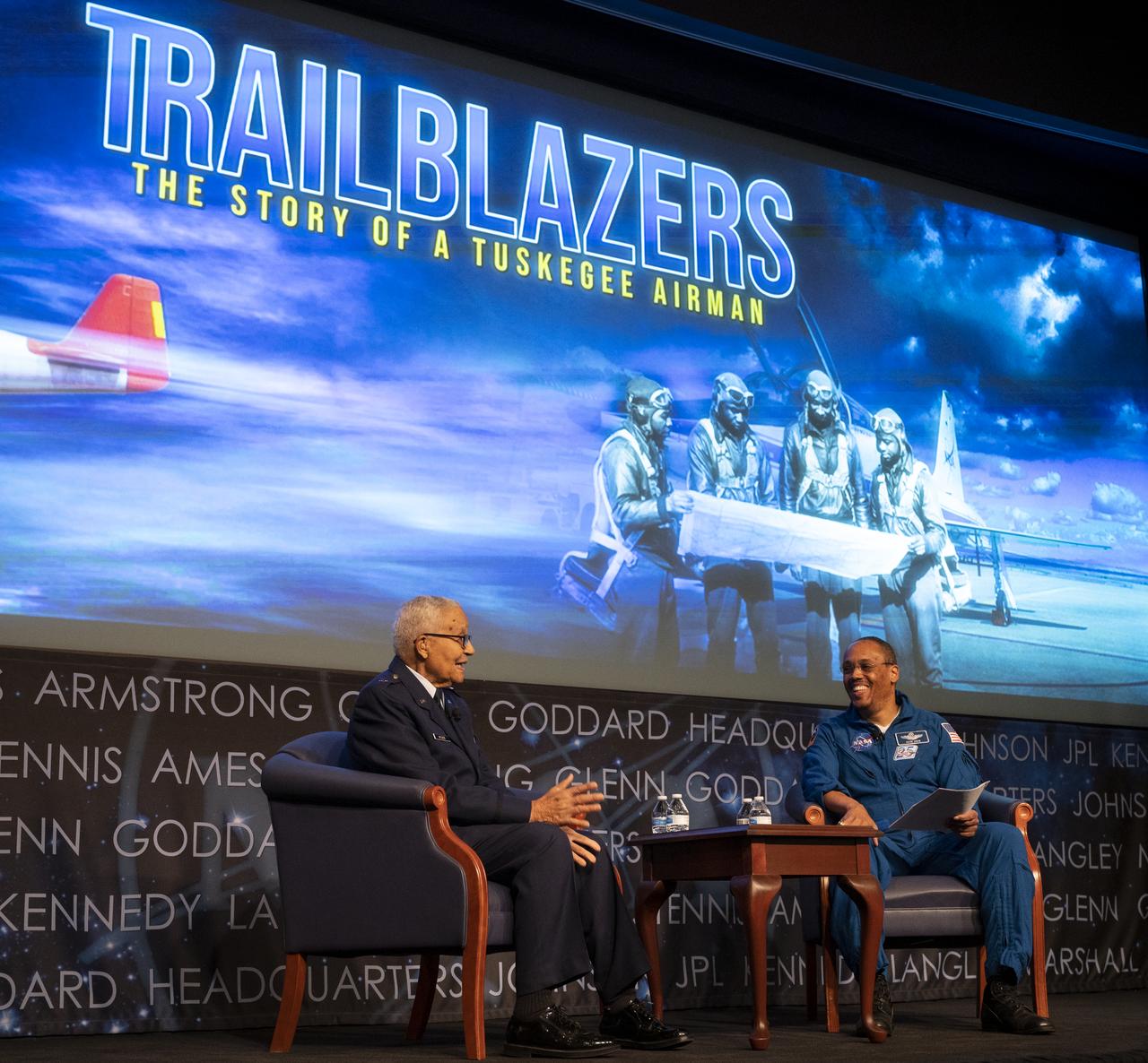 Retired U.S. Air Force Honorary Brigadier General Charles McGee, left, speaks with NASA astronaut Alvin Drew during a Black History Month program titled “Trailblazers, The Story of a Tuskegee Airman,” Wednesday, Feb. 5, 2020, at NASA Headquarters in Washington, DC. McGee, a pilot with the Tuskegee Airmen during World War II, was a career officer in the Air Force also serving during the Korean and Vietnam Wars. Over his 30 years of service he flew 409 combat missions. Of the 355 Tuskegee pilots who flew in combat, McGee is one of only nine surviving. Photo Credit: (NASA/Joel Kowsky)