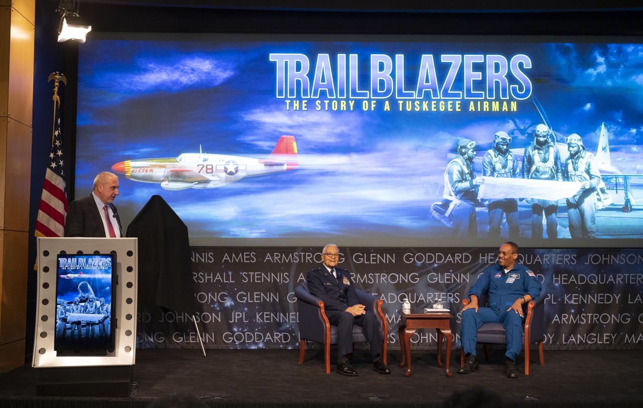 Robert Pearce, Associate Administrator for NASA’s Aeronautics Research Mission Directorate, left, moderates questions from the audience for retired U.S. Air Force Honorary Brigadier General Charles McGee speaks with NASA astronaut Alvin Drew during a Black History Month program titled “Trailblazers, The Story of a Tuskegee Airman,” Wednesday, Feb. 5, 2020, at NASA Headquarters in Washington, DC. McGee, a pilot with the Tuskegee Airmen during World War II, was a career officer in the Air Force also serving during the Korean and Vietnam Wars. Over his 30 years of service he flew 409 combat missions. Of the 355 Tuskegee pilots who flew in combat, McGee is one of only nine surviving. Photo Credit: (NASA/Joel Kowsky)
