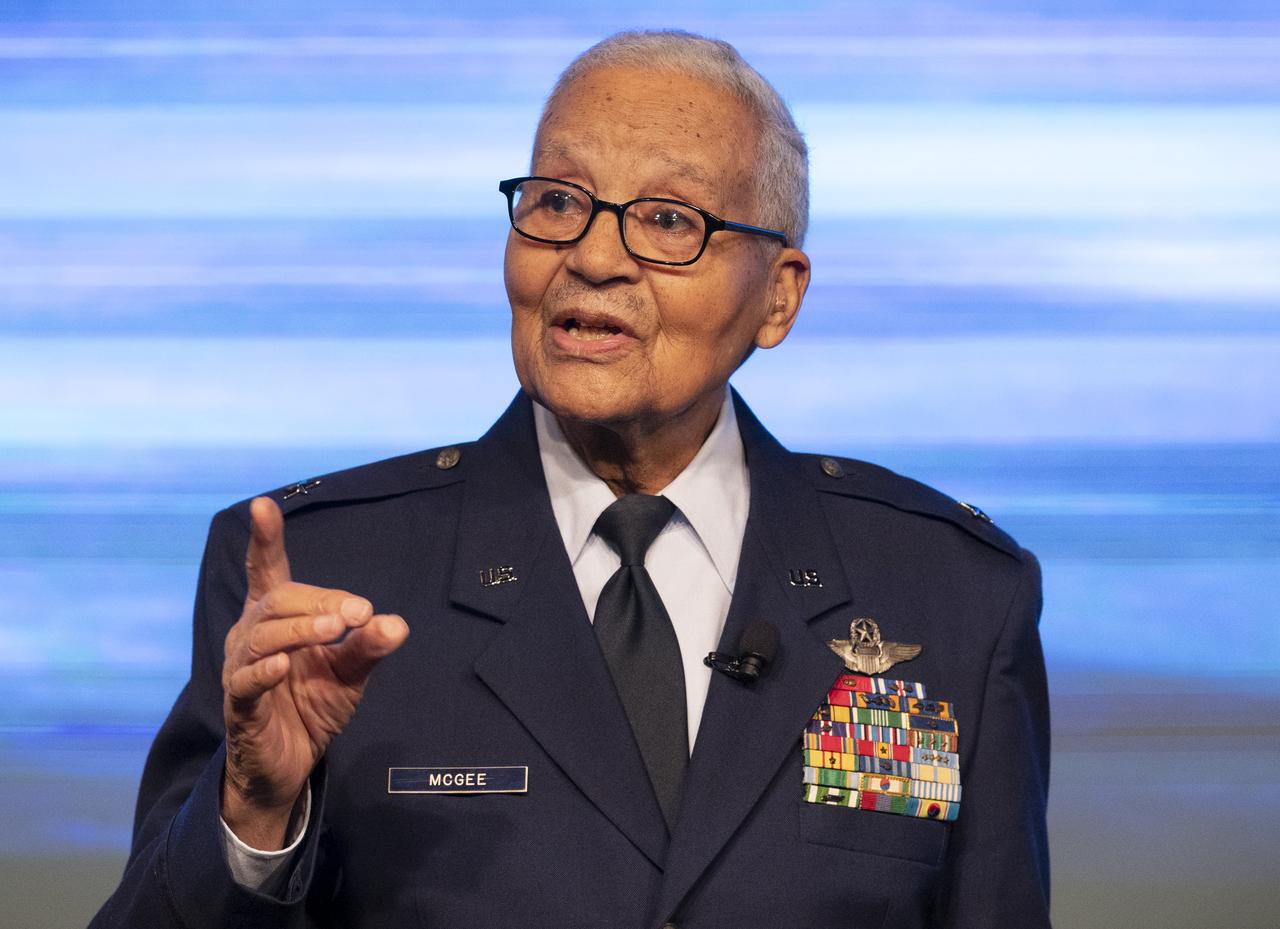 Retired U.S. Air Force Honorary Brigadier General Charles McGee is seen during a Black History Month program titled “Trailblazers, The Story of a Tuskegee Airman,” Wednesday, Feb. 5, 2020, at NASA Headquarters in Washington, DC. McGee, a pilot with the Tuskegee Airmen during World War II, was a career officer in the Air Force also serving during the Korean and Vietnam Wars. Over his 30 years of service he flew 409 combat missions. Of the 355 Tuskegee pilots who flew in combat, McGee is one of only nine surviving. Photo Credit: (NASA/Joel Kowsky)