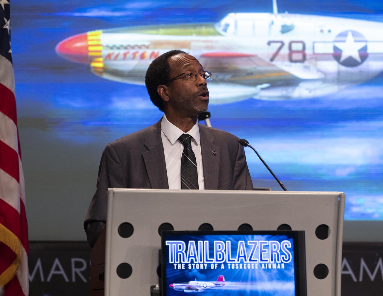 Clayton Turner, Director of NASA’s Langley Research Center, delivers closing remarks following a discussion between Retired U.S. Air Force Honorary Brigadier General Charles McGee and NASA astronaut Alvin Drew during a Black History Month program titled “Trailblazers, The Story of a Tuskegee Airman,” Wednesday, Feb. 5, 2020, at NASA Headquarters in Washington, DC. McGee, a pilot with the Tuskegee Airmen during World War II, was a career officer in the Air Force also serving during the Korean and Vietnam Wars. Over his 30 years of service he flew 409 combat missions. Of the 355 Tuskegee pilots who flew in combat, McGee is one of only nine surviving. Photo Credit: (NASA/Joel Kowsky)