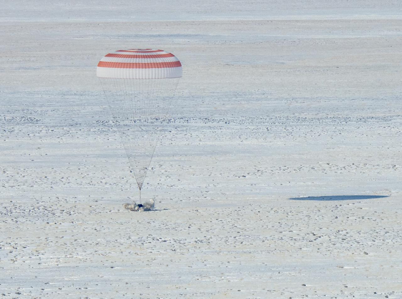 The Soyuz MS-13 spacecraft is seen as it lands in a remote area near the town of Zhezkazgan, Kazakhstan with Expedition 61 crew members Christina Koch of NASA, Alexander Skvortsov of the Russian space agency Roscosmos, and Luca Parmitano of ESA (European Space Agency) Thursday, Feb. 6, 2020. Koch returned to Earth after logging 328 days in space --- the longest spaceflight in history by a woman --- as a member of Expeditions 59-60-61 on the International Space Station. Skvortsov and Parmitano returned after 201 days in space where they served as Expedition 60-61 crew members onboard the station. Photo Credit: (NASA/Bill Ingalls)