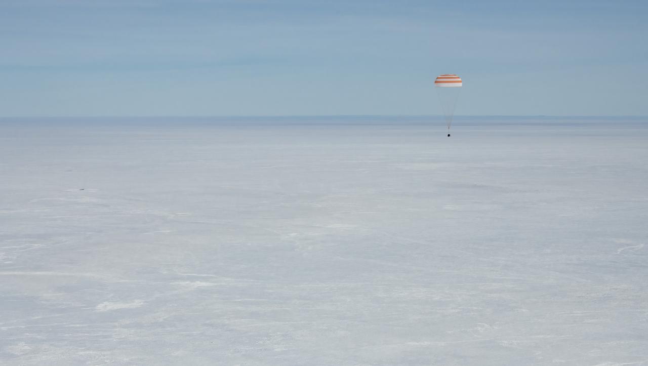 The Soyuz MS-13 spacecraft is seen as it lands in a remote area near the town of Zhezkazgan, Kazakhstan with Expedition 61 crew members Christina Koch of NASA, Alexander Skvortsov of the Russian space agency Roscosmos, and Luca Parmitano of ESA (European Space Agency) Thursday, Feb. 6, 2020. Koch returned to Earth after logging 328 days in space --- the longest spaceflight in history by a woman --- as a member of Expeditions 59-60-61 on the International Space Station. Skvortsov and Parmitano returned after 201 days in space where they served as Expedition 60-61 crew members onboard the station. Photo Credit: (NASA/Bill Ingalls)
