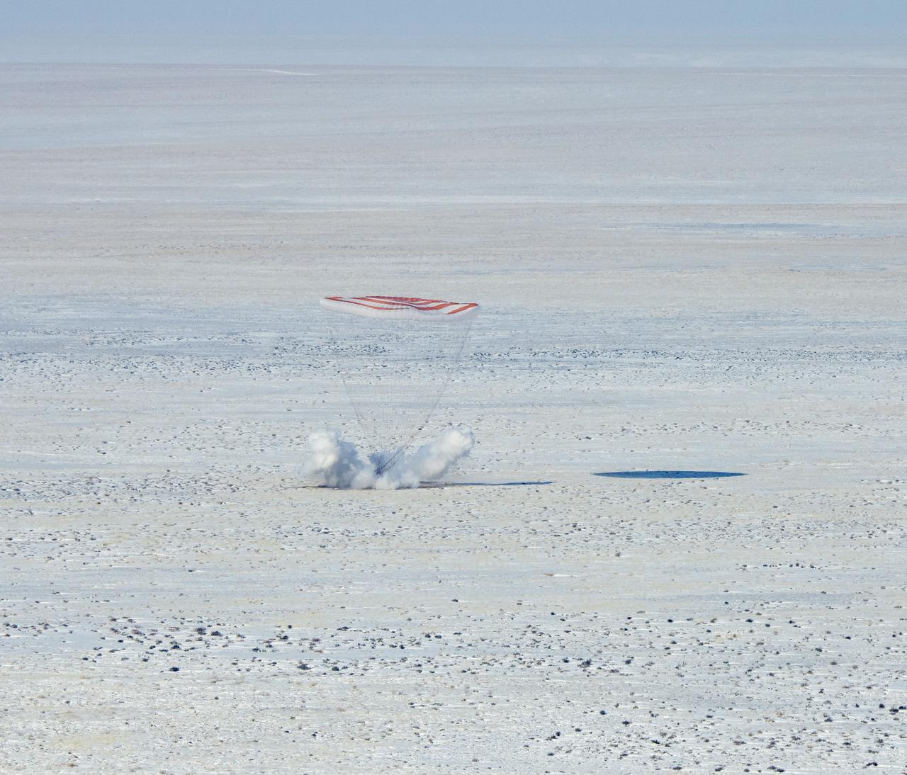The Soyuz MS-13 spacecraft is seen as it lands in a remote area near the town of Zhezkazgan, Kazakhstan with Expedition 61 crew members Christina Koch of NASA, Alexander Skvortsov of the Russian space agency Roscosmos, and Luca Parmitano of ESA (European Space Agency) Thursday, Feb. 6, 2020. Koch returned to Earth after logging 328 days in space --- the longest spaceflight in history by a woman --- as a member of Expeditions 59-60-61 on the International Space Station. Skvortsov and Parmitano returned after 201 days in space where they served as Expedition 60-61 crew members onboard the station. Photo Credit: (NASA/Bill Ingalls)