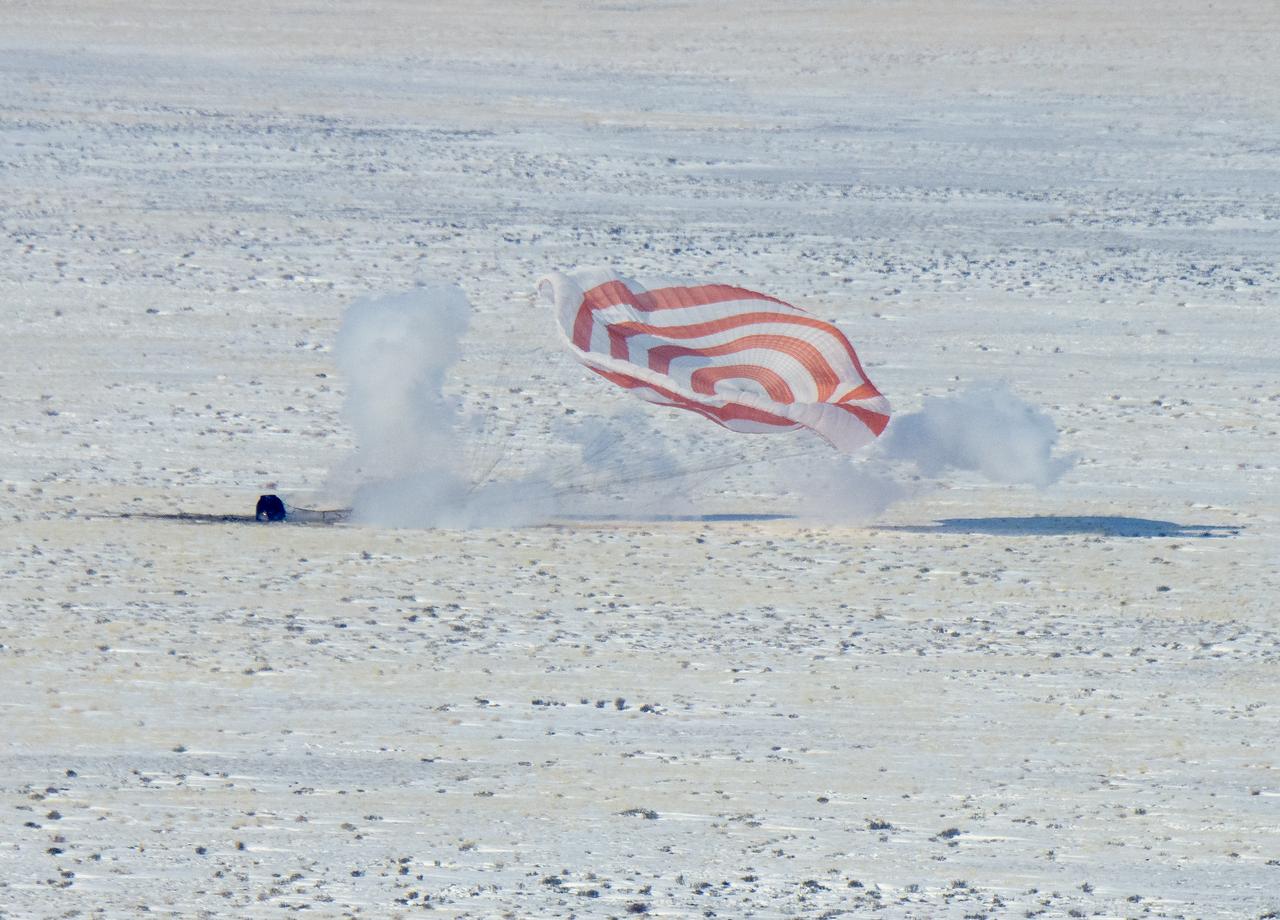 The Soyuz MS-13 spacecraft is seen as it lands in a remote area near the town of Zhezkazgan, Kazakhstan with Expedition 61 crew members Christina Koch of NASA, Alexander Skvortsov of the Russian space agency Roscosmos, and Luca Parmitano of ESA (European Space Agency) Thursday, Feb. 6, 2020. Koch returned to Earth after logging 328 days in space --- the longest spaceflight in history by a woman --- as a member of Expeditions 59-60-61 on the International Space Station. Skvortsov and Parmitano returned after 201 days in space where they served as Expedition 60-61 crew members onboard the station. Photo Credit: (NASA/Bill Ingalls)