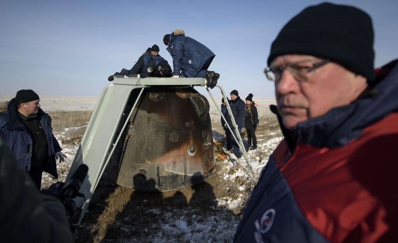 Russian Search and Rescue teams arrive at the Soyuz MS-13 spacecraft shortly after it landed in a remote area near the town of Zhezkazgan, Kazakhstan with Expedition 61 crew members Christina Koch of NASA, Alexander Skvortsov of the Russian space agency Roscosmos, and Luca Parmitano of ESA (European Space Agency) Thursday, Feb. 6, 2020. Koch returned to Earth after logging 328 days in space --- the longest spaceflight in history by a woman --- as a member of Expeditions 59-60-61 on the International Space Station. Skvortsov and Parmitano returned after 201 days in space where they served as Expedition 60-61 crew members onboard the station. Photo Credit: (NASA/Bill Ingalls)