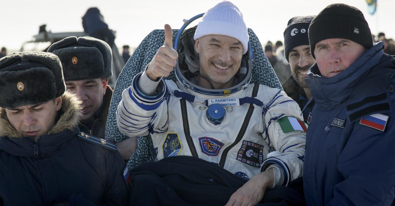 ESA astronaut Luca Parmitano is carried to a medical tent shortly after he, NASA astronaut Christina Koch, and Roscosmos cosmonaut Alexander Skvortsov landed in their Soyuz MS-13 spacecraft near the town of Zhezkazgan, Kazakhstan on Thursday, Feb. 6, 2020. Koch returned to Earth after logging 328 days in space --- the longest spaceflight in history by a woman --- as a member of Expeditions 59-60-61 on the International Space Station. Skvortsov and Parmitano returned after 201 days in space where they served as Expedition 60-61 crew members onboard the station. Photo Credit: (NASA/Bill Ingalls)