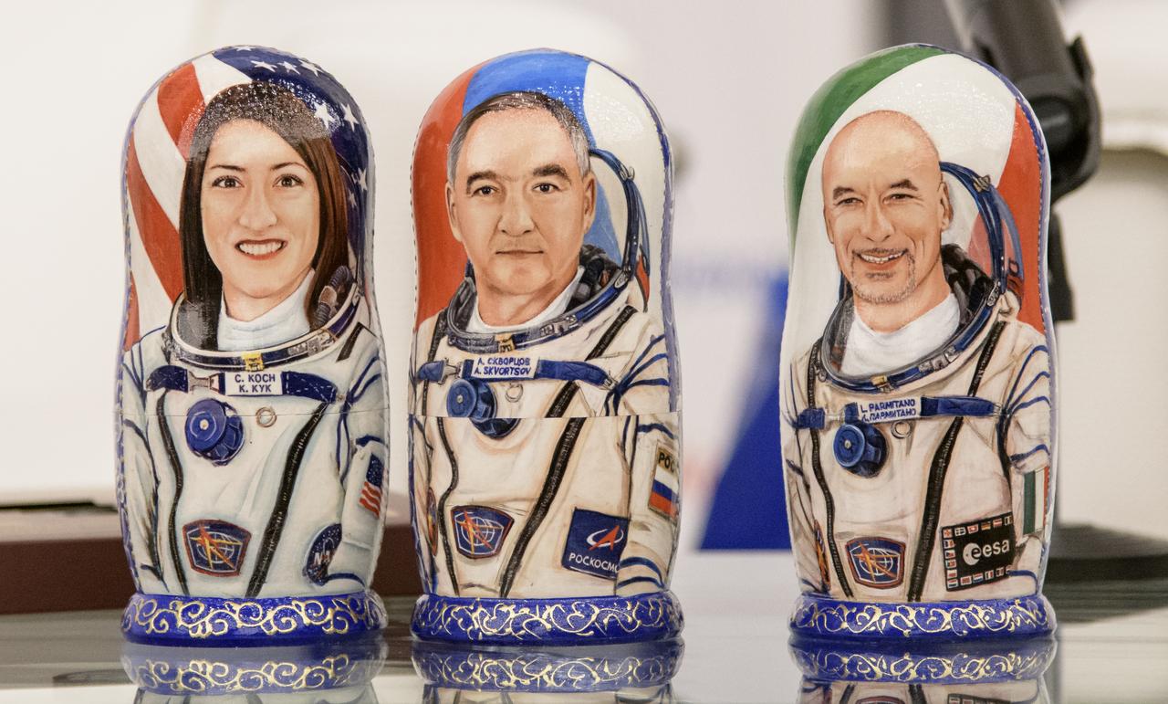 Matryoshka Dolls depicting NASA astronaut Christina Koch, left, Roscosmos cosmonaut Alexander Skvortsov, center, and ESA astronaut Luca Parmitano are seen at a Karaganda Airport welcome ceremony in Kazakhstan on Thursday, Feb. 6, 2020. Koch returned to Earth after logging 328 days in space --- the longest spaceflight in history by a woman --- as a member of Expeditions 59-60-61 on the International Space Station. Skvortsov and Parmitano returned after 201 days in space where they served as Expedition 60-61 crew members onboard the station. Photo Credit: (NASA/Bill Ingalls)