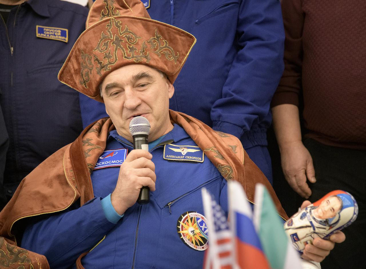 Roscosmos cosmonaut Alexander Skvortsov attends a Karaganda Airport welcome ceremony in Kazakhstan on Thursday, Feb. 6, 2020 after he, NASA astronaut Christina Koch, and ESA astronaut Luca Parmitano landed their Soyuz MS-13 spacecraft in remote area near the town of Zhezkazgan. Koch returned to Earth after logging 328 days in space --- the longest spaceflight in history by a woman --- as a member of Expeditions 59-60-61 on the International Space Station. Skvortsov and Parmitano returned after 201 days in space where they served as Expedition 60-61 crew members onboard the station. Photo Credit: (NASA/Bill Ingalls)