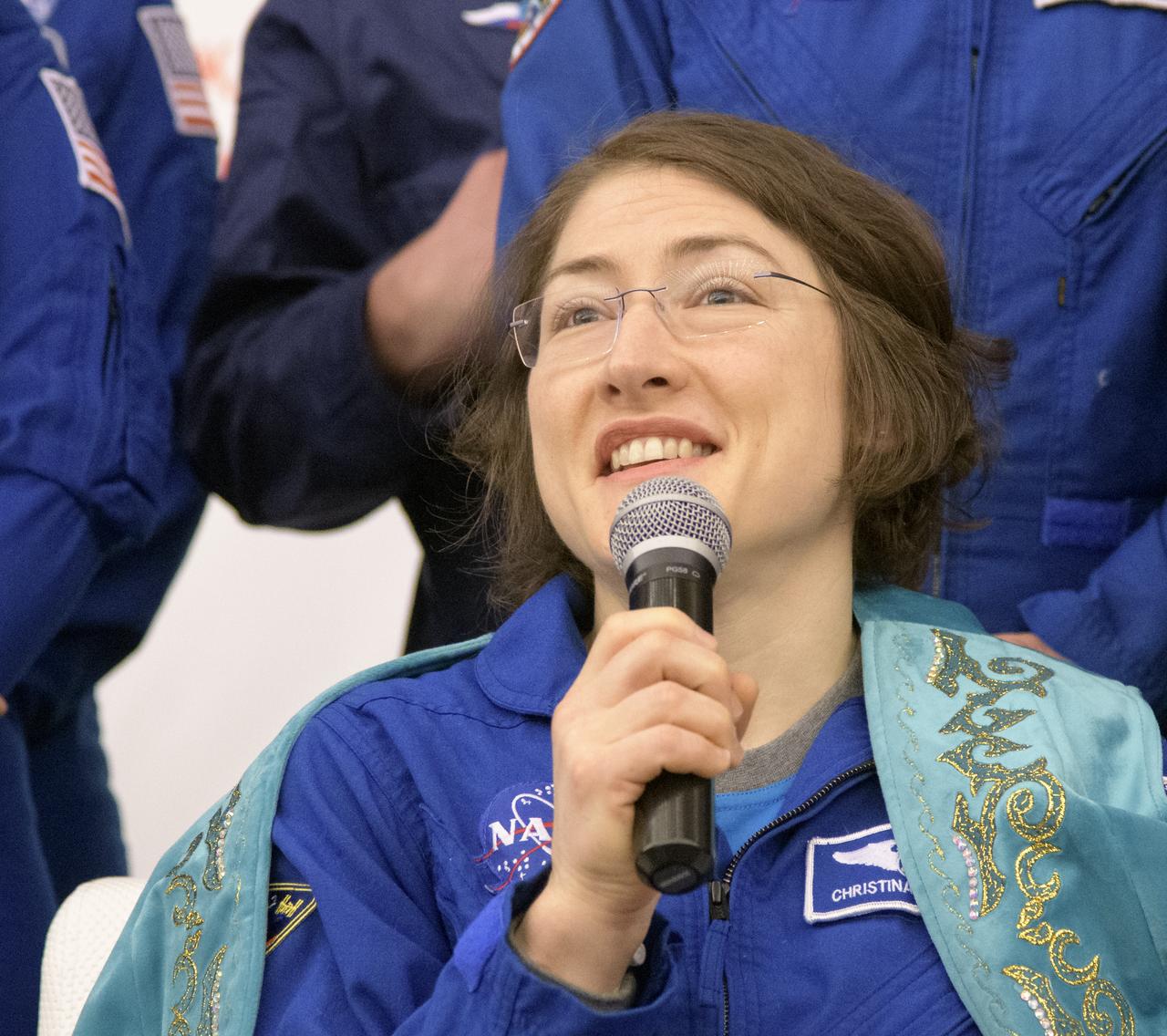NASA astronaut Christina Koch attends a Karaganda Airport welcome ceremony in Kazakhstan on Thursday, Feb. 6, 2020 after she, ESA astronaut Luca Parmitano, and Roscosmos cosmonaut Alexander Skvortsov landed their Soyuz MS-13 spacecraft in remote area near the town of Zhezkazgan. Koch returned to Earth after logging 328 days in space --- the longest spaceflight in history by a woman --- as a member of Expeditions 59-60-61 on the International Space Station. Skvortsov and Parmitano returned after 201 days in space where they served as Expedition 60-61 crew members onboard the station. Photo Credit: (NASA/Bill Ingalls)