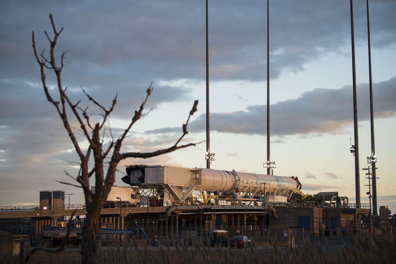 A Northrop Grumman Antares rocket carrying a Cygnus resupply spacecraft is horizontal for the final cargo load on Pad-0A, Friday, Feb. 7, 2020 at NASA's Wallops Flight Facility in Virginia. Northrop Grumman’s 13th contracted cargo resupply mission with NASA to the International Space Station will deliver more than 7,500 pounds of science and research, crew supplies and vehicle hardware to the orbital laboratory and its crew. Photo Credit: (NASA/Aubrey Gemignani)