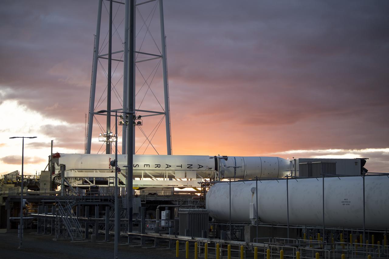 A Northrop Grumman Antares rocket carrying a Cygnus resupply spacecraft is horizontal for the final cargo load on Pad-0A, Friday, Feb. 7, 2020 at NASA's Wallops Flight Facility in Virginia. Northrop Grumman’s 13th contracted cargo resupply mission with NASA to the International Space Station will deliver more than 7,500 pounds of science and research, crew supplies and vehicle hardware to the orbital laboratory and its crew. Photo Credit: (NASA/Aubrey Gemignani)