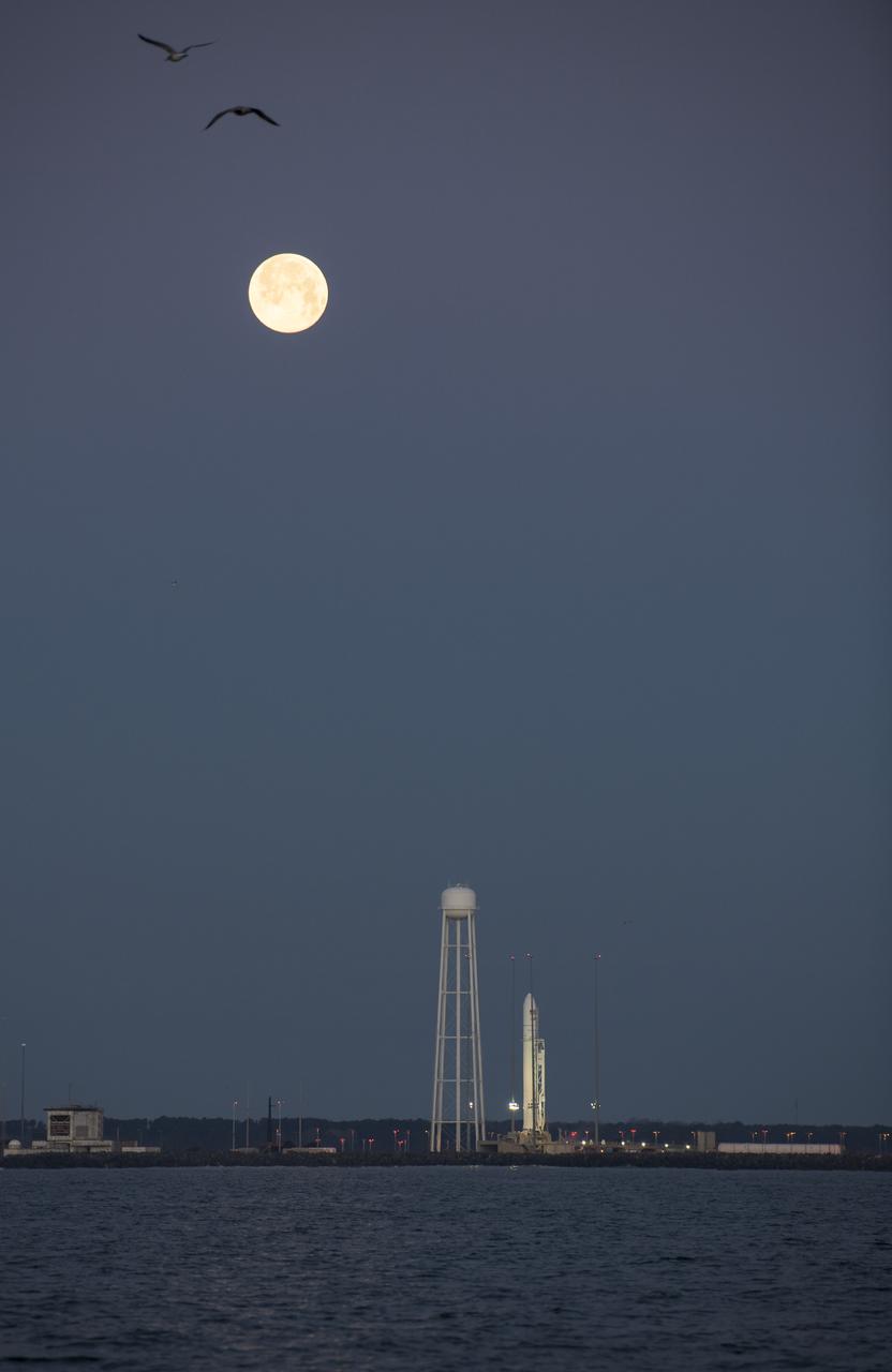 A Northrop Grumman Antares rocket carrying a Cygnus resupply spacecraft is seen early in the morning as the Moon sets on Pad-0A, Sunday, Feb. 9, 2020, at NASA's Wallops Flight Facility in Virginia. Northrop Grumman’s 13th contracted cargo resupply mission with NASA to the International Space Station will deliver more than 7,500 pounds of science and research, crew supplies and vehicle hardware to the orbital laboratory and its crew. The CRS-13 Cygnus spacecraft is named after the first African American astronaut, Major Robert Henry Lawrence Jr.. Photo Credit: (NASA/Aubrey Gemignani)