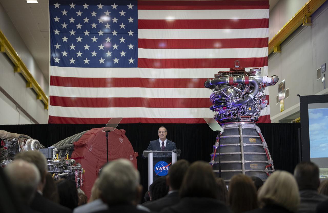 Richard Gilbrech, Director of NASA's Stennis Space Center, welcomes everyone to the State of NASA address, Monday, Feb. 10, 2020, at Aerojet Rocketdyne’s facility at NASA’s Stennis Space Center near Bay St. Louis, Mississippi.  Photo Credit: (NASA/Joel Kowsky)
