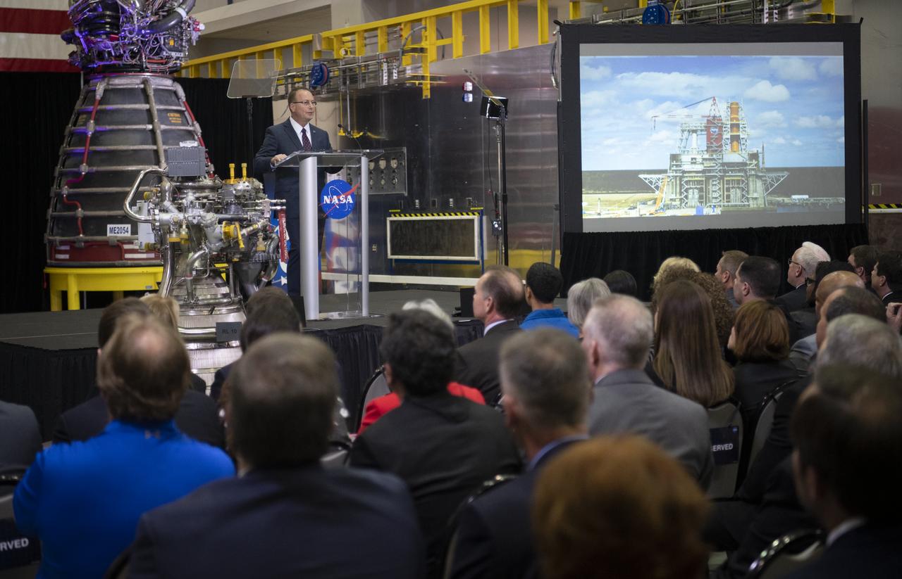 Richard Gilbrech, Director of NASA's Stennis Space Center, welcomes everyone to the State of NASA address, Monday, Feb. 10, 2020, at Aerojet Rocketdyne’s facility at NASA’s Stennis Space Center near Bay St. Louis, Mississippi.  Photo Credit: (NASA/Joel Kowsky)