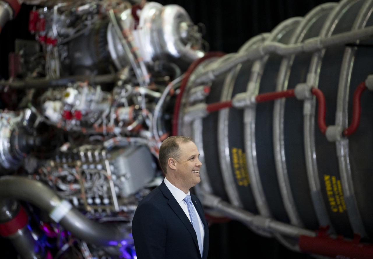 NASA Administrator Jim Bridenstine is seen prior to being introduced to speak on the fiscal year 2021 budget proposal during a State of NASA address, Monday, Feb. 10, 2020, at Aerojet Rocketdyne’s facility at NASA’s Stennis Space Center near Bay St. Louis, Mississippi.  Photo Credit: (NASA/Joel Kowsky)