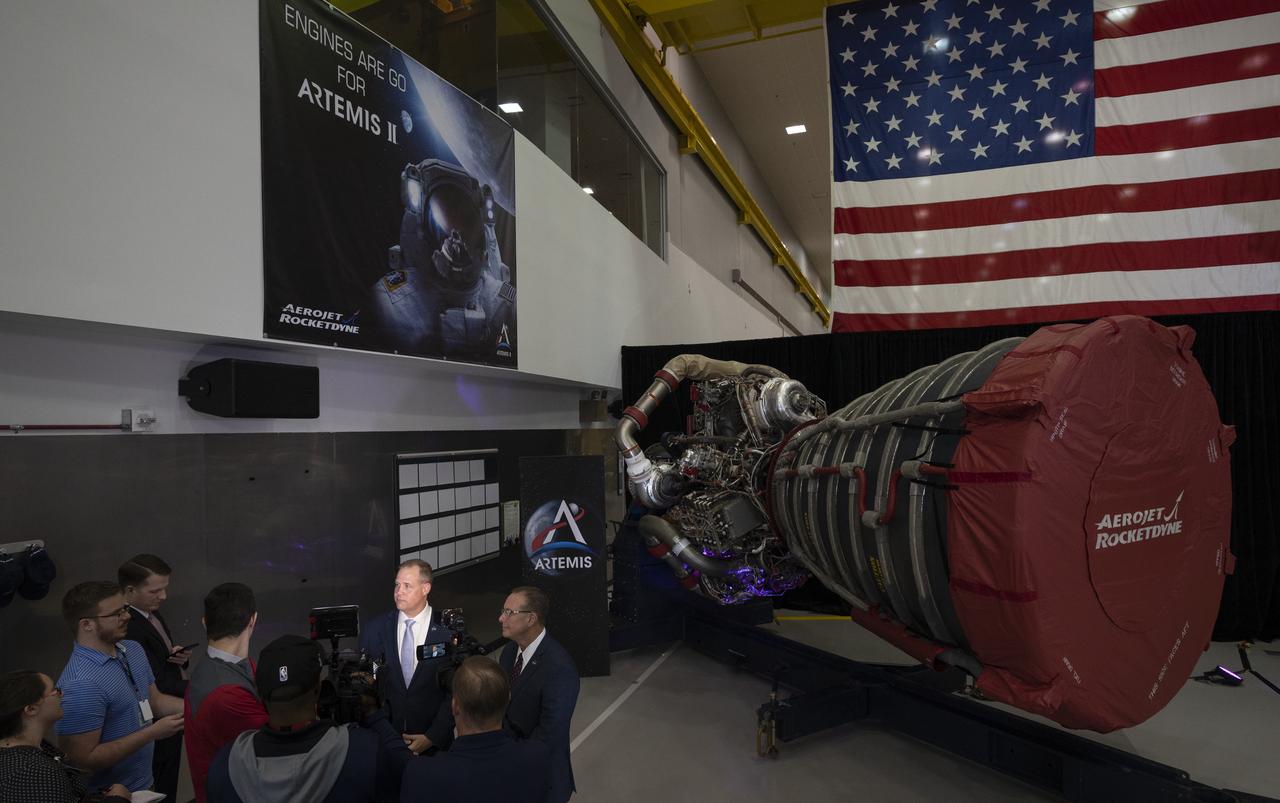 NASA Administrator Jim Bridenstine and Richard Gilbrech, Director of NASA's Stennis Space Center, speak with members of the media following State of NASA address to discuss the fiscal year 2021 budget request, Monday, Feb. 10, 2020, at Aerojet Rocketdyne’s facility at NASA’s Stennis Space Center near Bay St. Louis, Mississippi.  Photo Credit: (NASA/Joel Kowsky)