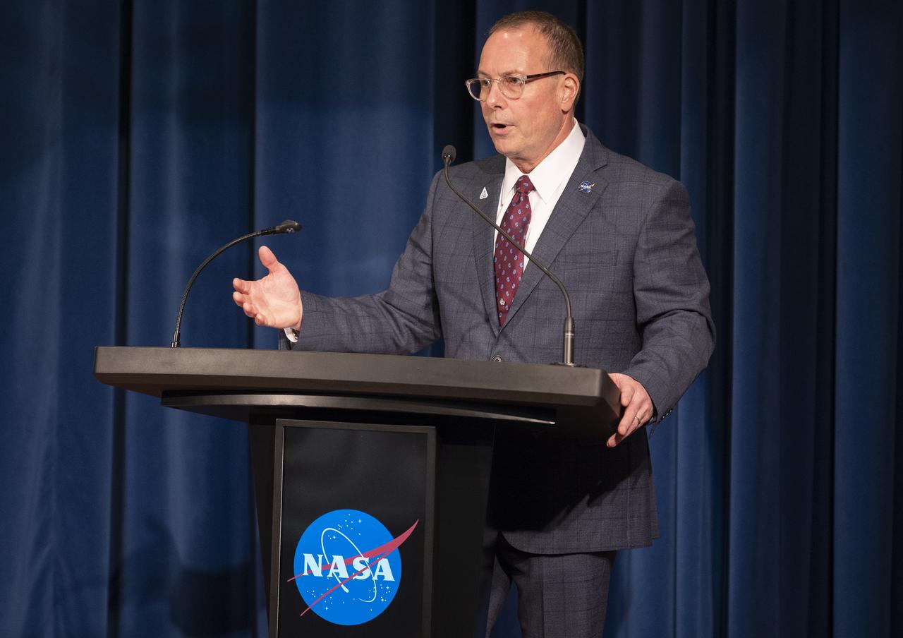 Richard Gilbrech, Director of NASA's Stennis Space Center, speaks at an all-hands for employees following the State of NASA address, Monday, Feb. 10, 2020, at NASA’s Stennis Space Center near Bay St. Louis, Mississippi.  Photo Credit: (NASA/Joel Kowsky)