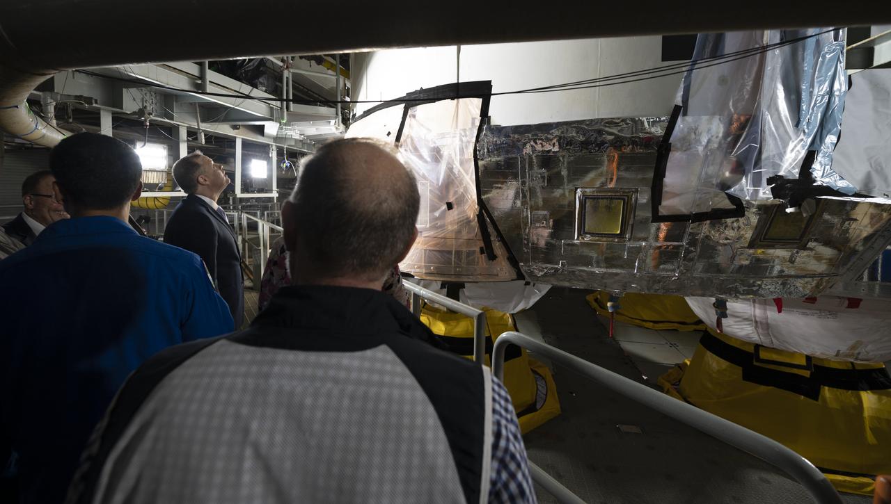 NASA Administrator Jim Bridenstine looks up at the first core stage of the agency’s Space Launch System rocket during a tour of the B-2 Test Stand Monday, Feb. 10, 2020, at NASA’s Stennis Space Center near Bay St. Louis, Mississippi. Over the coming months, the first core stage of the SLS rocket will be undergoing a series of integrated Green Run tests prior to its maiden flight.  Photo Credit: (NASA/Joel Kowsky)